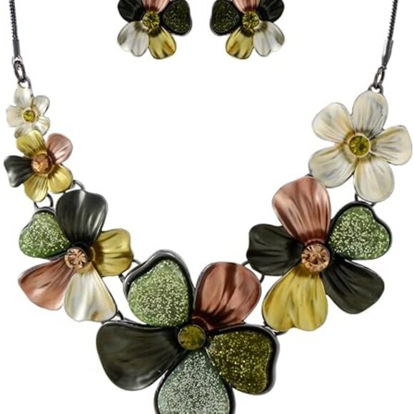 Women's Leaf Flower Floral Geometric Bohemian Boho Bib Necklace Earring Set - Picture 1 of 6